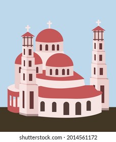 Albania landscape, Resurrection Cathedral, city centre, Korca, Albania, Korça, vector illustration