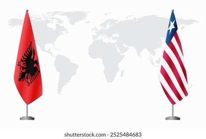 Albania and Liberia flags for official meeting against background of world map.
