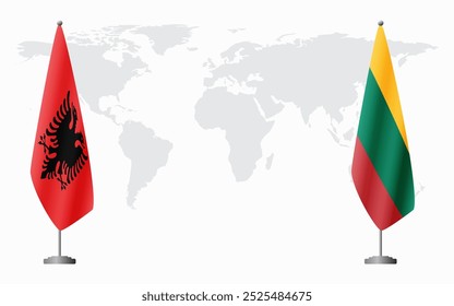 Albania and Lithuania flags for official meeting against background of world map.