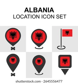 Albania location icon set with flag markers and map pins. Perfect for travel, navigation, and European maps.