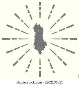 Albania Logo. Grunge sunburst poster with map of the country. Shape of Albania filled with hex digits with sunburst rays around. Captivating vector illustration.