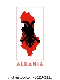 Albania logo. Map of Albania with country name and flag. Artistic vector illustration.