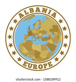 Albania logo. Round badge of country with map of Albania in world context. Country sticker stamp with globe map and round text. Vector illustration.