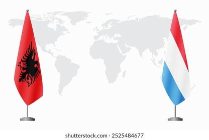 Albania and Luxembourg flags for official meeting against background of world map.