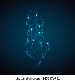 Albania Map - Abstract geometric mesh polygonal network line, structure and point scales on dark background with lights in the form of cities. Vector illustration eps 10.
