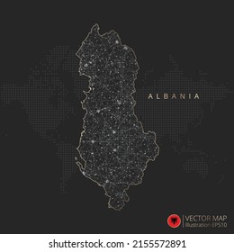 Albania map abstract geometric mesh polygonal light concept with black and white glowing contour lines countries and dots on dark background. Vector illustration.
