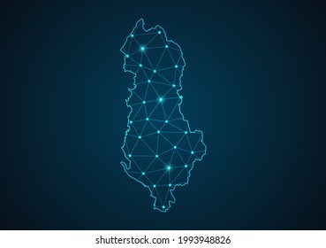 Albania map Abstract mash line and point scales on dark background. Wire Frame 3D mesh polygonal network line. Network line, design sphere, dot and structure vector.