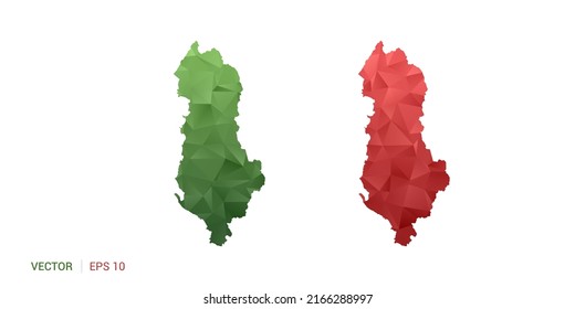 Albania map of abstract vector polygon set couple color green and red.