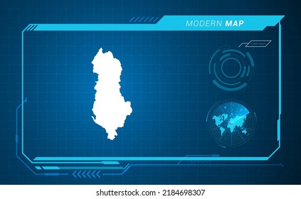 Mapa albanés del marco digital azul HUD, GUI, interfaz de interfaz de usuario vector de radar.