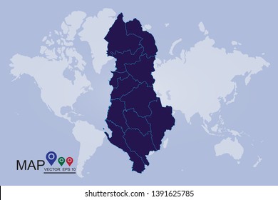 Albania map - blue pastel graphic background . Vector illustration eps 10.High detailed blue vector map - Albania,A Map of the country of Albania. - Vector 