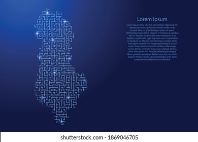 Albania map from blue pattern of the maze grid and glowing space stars grid. Vector illustration.