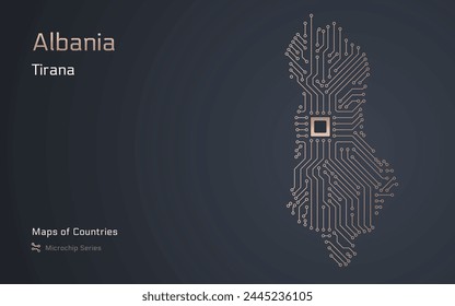 Albania Map with a capital of Tirana City Shown in a Microchip Pattern with processor. E-government. World Countries vector maps. Microchip Series	