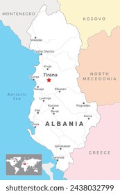 Albania Map with capital Tirana, most important cities and national borders