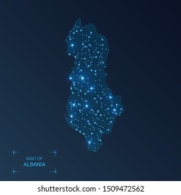 Albania map with cities. Luminous dots - neon lights on dark background. Vector illustration. 