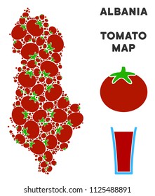 Albania map composition of tomato in different sizes. Vector tomato items are organized into Albania map illustration. Organic vector illustration with juice glass.