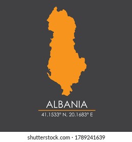 Mapa de Albania con coordenadas aisladas en fondo gris oscuro