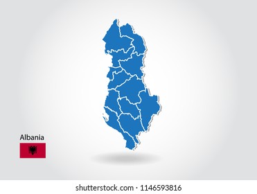 albania map design with 3D style. Blue albania map and National flag. Simple vector map with contour, shape, outline, on white.