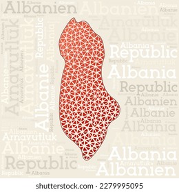 ALBANIA map design. Country names in different languages and map shape with geometric low poly triangles. Trendy vector illustration of Albania.