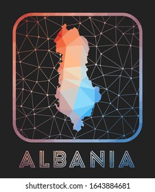Albania map design. Vector low poly map of the country. Albania icon in geometric style. The country shape with polygonal gradient and mesh on a dark background.