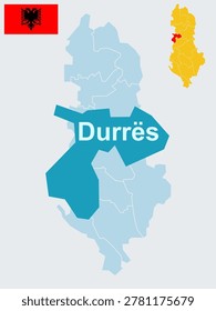 Durrës Albania Map and Flag - Adriatic Seaport, Dyrrhachium Amphitheatre and Ancient Capital Vector Outline.