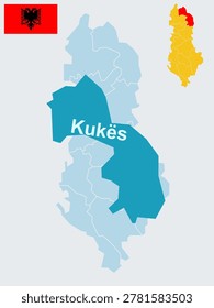 
Kukës Albania Map and Flag - County Capital, Drin River Confluence and Lake Fierza Region Vector Outline.