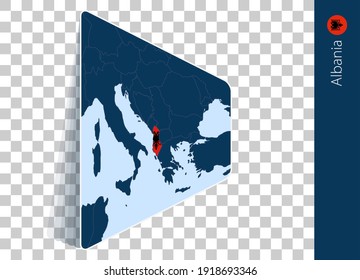 Albania map and flag on transparent background. Highlighted Albania on blue vector map.