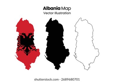 Albania map with flag and outline vector collection. Three distinct representations of Albania's map: one with the national flag, one in solid black, and a simple outline.