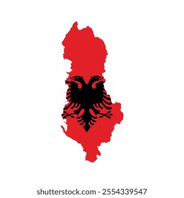 Albania map with flag overlay. Double-headed eagle emblem on red. Perfect for vector templates, tourism designs, or heritage projects. Editable and isolated illustration.