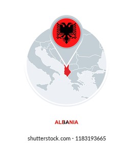 Albania map and flag, vector map icon with highlighted Albania
