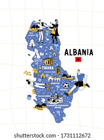 Mapa de Albania, bandera de ilustración vectorial dibujada a mano plana. Letras de nombres y monumentos de dibujos animados, atracciones turísticas y cliparts. Viajes en Tirana, afiche de historietas de viaje, diseño de pancartas