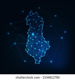 Albania map glowing silhouette outline made of stars lines dots triangles, low polygonal shapes. Communication, internet technologies concept. Wire frame futuristic design. Vector illustration