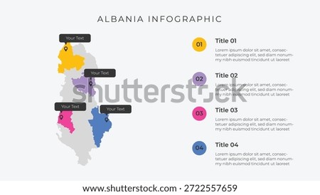 Albania map infographic template with 4 options. Albania political map infographic for presentation.