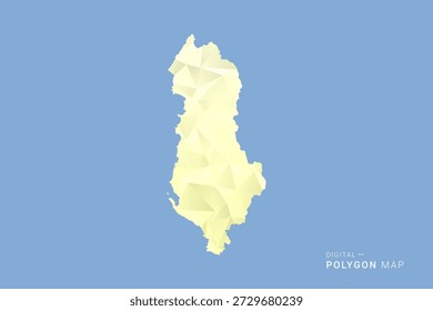 Albania Mapa en estilo de Vector de polígono de polietileno bajo, ilustración de forma geométrica con tonos amarillos suaves sobre fondo azul, silueta limpia para infografía.