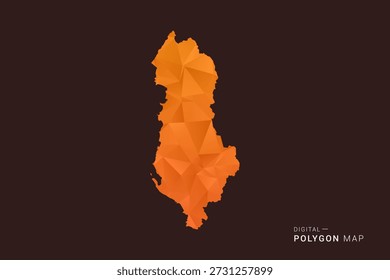 Albania Mapa - Vector de bajo polígono polivinílico, silueta triangulada geométrica en tonos naranja y marrón oscuro, estilo infográfico moderno limpio, fondo aislado.