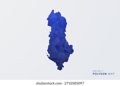 Mapa da Albânia - Ilustração do vetor estilo polígono no gradiente azul profundo, baixo projeto geométrico poly, Silhueta limpa isolada no fundo branco para infográficos.