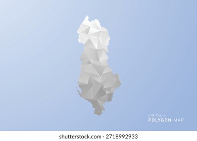 Mapa da Albânia - polígono estilo vetor ilustração em tons de cinza, branco e azul, baixo-poli design geométrico, silhueta mínima, adequado para infográfico e design moderno.