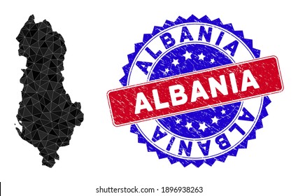 Albania map polygonal mesh with filled triangles, and rubber bicolor stamp seal. Triangle mosaic Albania map with mesh vector model, triangles have randomized sizes, and positions, and color hues.