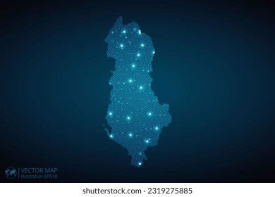 Albania map radial dotted pattern in futuristic style, design blue circle glowing outline made of stars. concept of communication on dark blue background. Vector EPS10