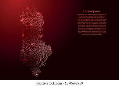 Albania map from red pattern of the maze grid and glowing space stars grid. Vector illustration.