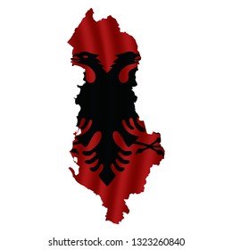 Albania map with rippled flag on white illustration. Waving Fabric Flag Map of Albania. Map of Europe. Vector White Background. Vector illustration eps10.