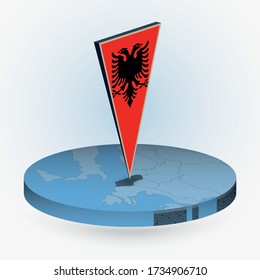 Albania map in round isometric style with triangular 3D flag of Albania, vector map in blue color. 