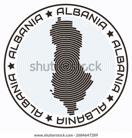 Albania map with round title. Country shape rings. Albania text around the country boundary shape. Modern vector illustration.