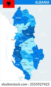 Albania Map Vector Blue Spot - Customizable layered political map of Albania with administrative divisions for website, education, reports, news, politics, print, poster and wallpaper