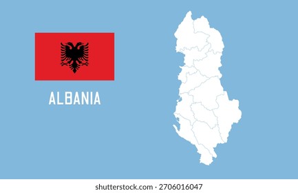 Mapa da Albânia. Mapa de Albânia vetor com bandeira da Albânia isolada no fundo azul.	