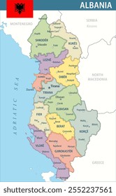 Albania Map Vector New 2024 Colorful - Customizable layered political map of Albania with administrative divisions for website, education, reports, news, politics, print, poster and wallpaper
