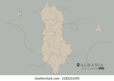 Albania Map - World Map International vector template High detailed with brown color isolated on grey background including simple point of location, wind, boat icon - Vector illustration eps 10