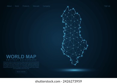 Albania Map - World Map mash line and point scales on blue technology background. Wire Frame 3D mesh polygonal network line, design sphere, dot and structure - Vector illustration eps 10