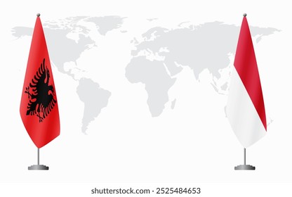 Albania and Monaco flags for official meeting against background of world map.