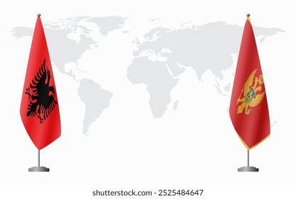 Albania and Montenegro flags for official meeting against background of world map.