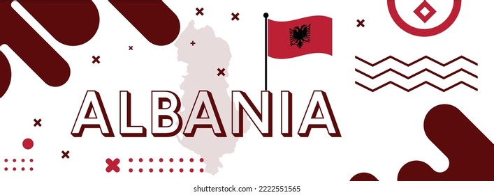 Albania National day or Albania banner with retro abstract geometric shapes, Berlin flag and map. Red and black colors scheme. Albania Unity Day. Vector Illustration